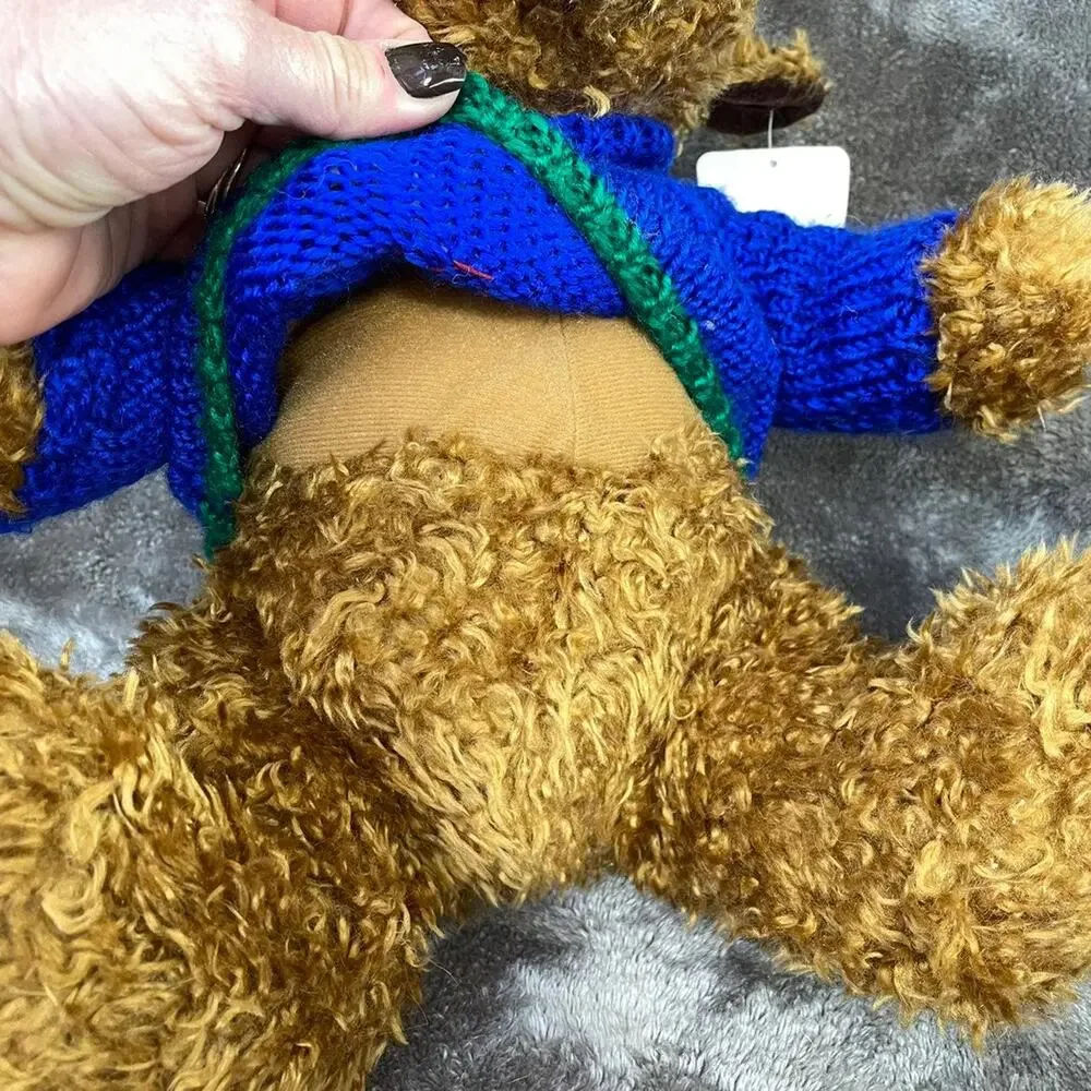 Vintage Reindeer Plush Moose Brown Curly Hair Blue Sweater 15” HugFun Toy TAGS